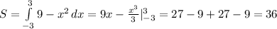 S = \int\limits^3_{-3} {9-x^2} \, dx =9x- \frac{x^3}{3} |^3_{-3}=27-9+27-9=36