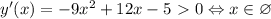 y'(x)=-9x^{2}+12x-5\ \textgreater \ 0 \Leftrightarrow x \in \varnothing