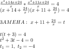 \frac{x^2+14x+24}{x} * \frac{x^2+11x+24}{x} =4\\&#10;(x+14+ \frac{24}{x} )(x+11+ \frac{24}{x} )=4\\ \\&#10;3AMEHA:\ x+11+ \frac{24}{x} = t\\ \\&#10;t(t+3)=4\\ t^2+3t-4=0\\ t_1=1,\ t_2=-4