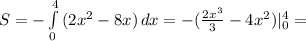 S= -\int\limits^4_0 {(2 x^{2} -8x)} \, dx=- (\frac{2 x^{3}}{3}-4 x^{2})|_{0}^{4}=