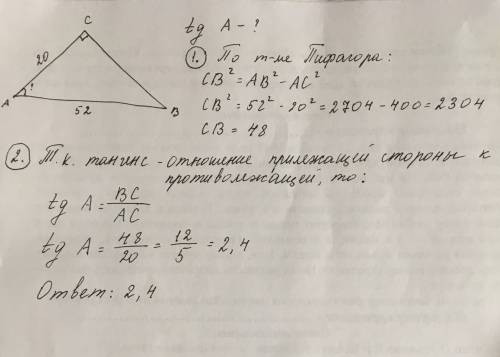 Втреугольнике abc уголь c =90 градусов , ab=52,ac=20 , найдите tga