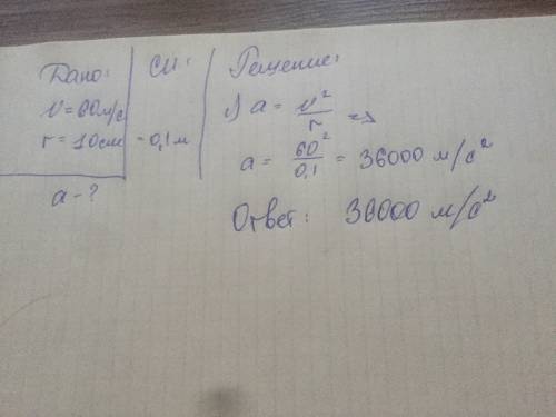 Скорость крайних точек точильного круга радиусом 10 см равна 60 м/с. чему равно их центростремительн