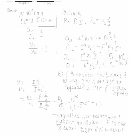 Нихромовая и стальная проволоки одинаковых размеров включены в цепь последовательно. удельное сопрот