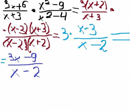 Представьте в виде дроби : 3x+6 черта дроби x+3 × x в квадрате -9 черта дроби x в квадрате -4