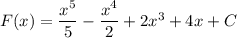 F(x)=\dfrac{x^5}{5} -\dfrac{x^4}{2} +2x^3+4x+C