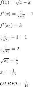 f(x)=\sqrt{x} -x\\ \\ f'(x)=\frac{1}{2\sqrt{x}} -1\\ \\ f'(x_0)=k \\ \\ \frac{1}{2\sqrt{x_0}} -1=1\\ \\ \frac{1}{2\sqrt{x_0}} =2\\ \\ \sqrt{x_0} =\frac{1}{4} \\ \\ x_0=\frac{1}{16} \\ \\ OTBET: \ \frac{1}{16}