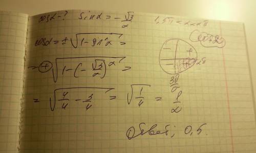 Найдите cos a если sin a=корень -3/2 a (-1,5п 2п)