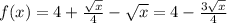 f(x) = 4 + \frac{ \sqrt{x} }{4} - \sqrt{x} = 4 - \frac{3 \sqrt{x} }{4}