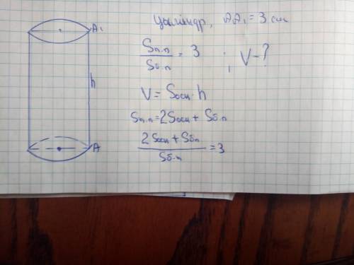 Высота цилиндра 3 см , а площадь полной поверхности в 3 раза больше боковой поверхности. найдите объ