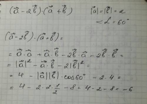 Обчисліть скалярний добуток (а-2b)(a+b), якщо іаі=іbі=2, ∠(ab)=60°?