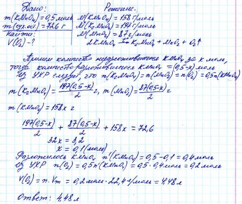 Під час неповного термічного розкладу 0,5 моль калій перманганату одержали 72,6 г твердого залишку.о