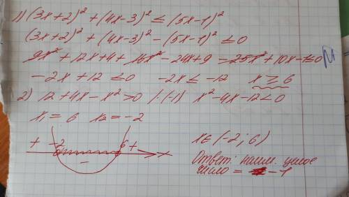 1) решите неравенство (3х+2)^2+(4x-3)^2⩽(5х-1)^2 2)найдите наименьшее целое число, являющееся решени