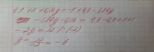 Реши линейное уравнение 4,9+11+(0,16y)=-1+4,9−1,84y
