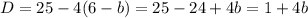 D=25-4(6-b)=25-24+4b=1+4b