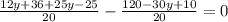 \frac{12y+36+25y-25}{20}-\frac{120-30y+10}{20}=0