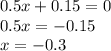 0.5x + 0.15 = 0 \\ 0.5x = - 0.15 \\ x = - 0.3