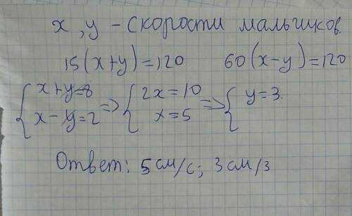 Если два мальчика побегут навтречу друг другу по кругу длиной 120 м , то они встретятся через 15 с .