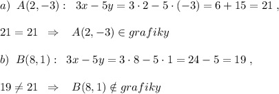 a)\; \; A(2,-3):\; \; 3x-5y=3\cdot 2-5\cdot (-3)=6+15=21\; ,\\\\21=21\; \; \Rightarrow \; \; \; A(2,-3)\in grafiky\\\\b)\; \; B(8,1):\; \; 3x-5y=3\cdot 8-5\cdot 1=24-5=19\; ,\\\\19\ne 21\; \; \Rightarrow \; \; \; B(8,1)\notin grafiky