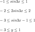 -1\leq sin3x\leq 1\\\\ -2\leq 2sin3x\leq 2\\\\ -3\leq sin3x-1\leq 1\\\\ -3\leq y \leq 1