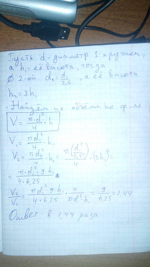 Две кружки имеют форму цилиндра первая кружка в два с половиной раза выше второй,а вторая втрое шире