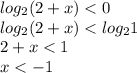 log_{2}(2 + x) < 0 \\ log_{2}(2 + x) < log_{2}1 \\ 2 + x < 1 \\ x < - 1