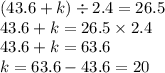 (43.6 + k) \div 2.4 = 26.5 \\ 43.6 + k = 26.5 \times 2.4 \\ 43.6 + k = 63.6 \\ k = 63.6 - 43.6 = 20