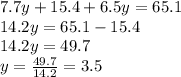 7.7y + 15.4 + 6.5y = 65.1 \\ 14.2y = 65.1 - 15.4 \\ 14.2y = 49.7 \\ y = \frac{49.7}{14.2} = 3.5