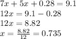 7x + 5x + 0.28 = 9.1 \\ 12x = 9.1 - 0.28 \\ 12x = 8.82 \\ x = \frac{8.82}{12} = 0.735