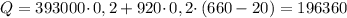 Q = 393000 \cdotp 0,2 + 920 \cdotp 0,2 \cdotp (660 - 20) = 196360