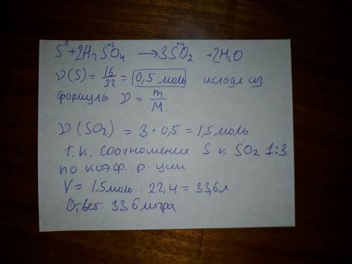 При взаимодействии 16 г серы с необходимым количеством серной кислоты образовался газ. объем газа от