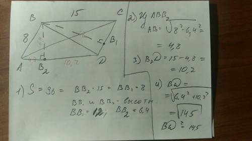 Площадь параллелограмма равна 96, а его стороны равны 8 и 15. найдите квадрат меньшей диагонали