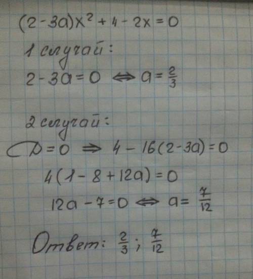 Найти все значения параметра a при которых уравнение (2-3а)x^2+4-2x+0 имеет единственное решeние