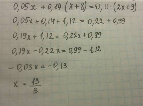 Решите уравнение: 0,05x+0,14(x+8)=0,11(2x+9)