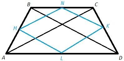 Точки m, n, k, l - середины сторон равнобедренной трапеции abcd. докажите, что mnkl - ромб с пояснен