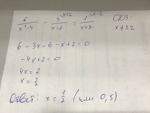 Найдите корни уравнения: 6/x^2-4-3/x-2=1/x+2