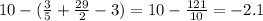 10 - ( \frac{3}{5} + \frac{29}{2} - 3) = 10 - \frac{121}{10} = - 2.1