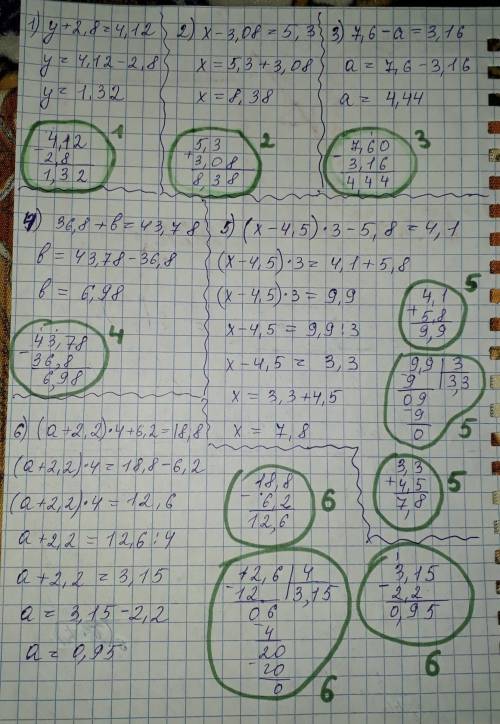 Y+2,8=4,12 x-3,08=5,3 7,6-a=3,16 36,8+b=43,78 (x-4,5)•3-5,8=4,1 (a+2,2)•4+6,2= 18,8 ! ! 30