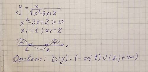 Найти область определения функции y=x \корень x^2-3x+2