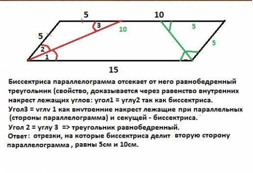 Периметр параллелограмма равен 40 см а одна из сторон 5 см найдите длины отрезков на которые биссект