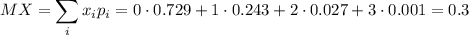 MX=\displaystyle \sum_ix_ip_i=0\cdot 0.729+1\cdot 0.243+2\cdot 0.027+3\cdot 0.001=0.3