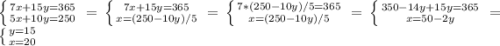\left \{ {{7x+15y=365} \atop {5x+10y=250}} \right. =&#10;\left \{ {{7x+15y=365} \atop {x=(250-10y)/5}} \right. =&#10;\left \{ {{7*(250-10y)/5=365} \atop {x=(250-10y)/5}} \right. =&#10;\left \{ {{350-14y+15y=365} \atop {x=50-2y}} \right. =&#10;\left \{ {{y=15} \atop {x=20}} \right.