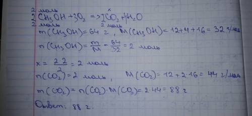 Дано: м(сн3он)=64г знайти: м(со2) рівняння: сн3он+о2=со2+н2о