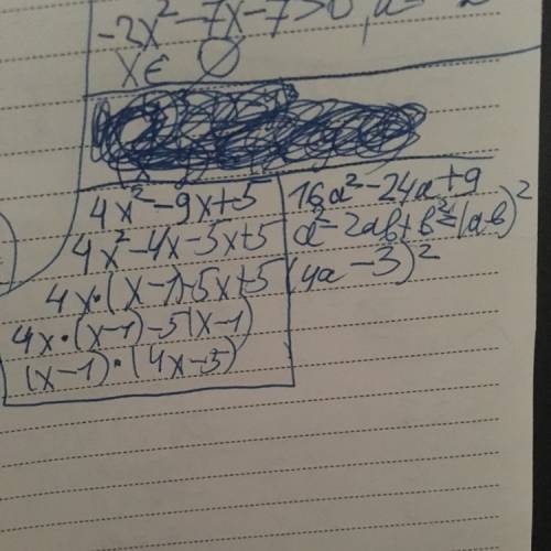 Разложите квадратный трехчлен на множители если это возможно: 1)4 х^2-9 х+5 2)16а^2-24а+9