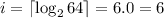 i = \lceil {\log_2{64}} \rceil = 6.0 = 6