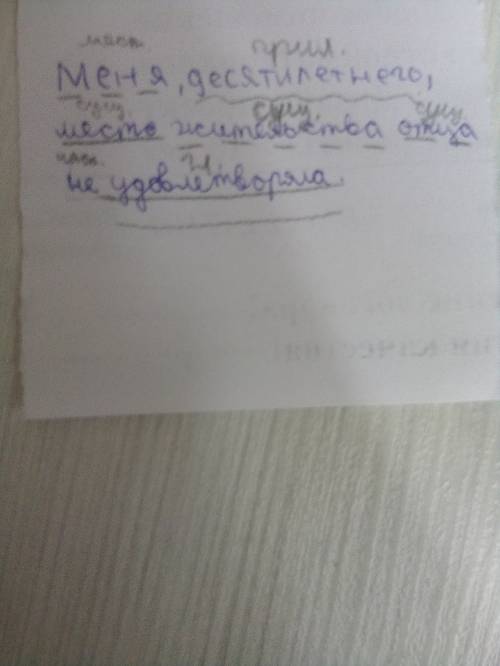 Синтаксический разбор предложений: 1) меня, десятилетнего, место жительство отца не удовлетворяло. 2