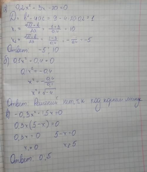 Как решить квадратный трехчлен? : а) 0.2*x2+3*x-20 б) 0.1*x2+0.4(тут почему то так задано в книге, c