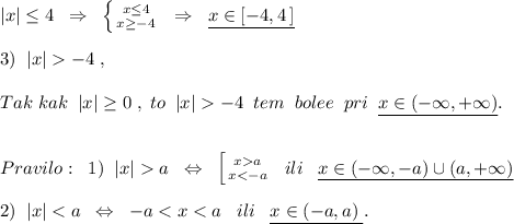 |x|\leq 4\; \; \Rightarrow \; \; \left \{ {{x\leq 4} \atop {x\geq -4}} \right. \; \; \Rightarrow \; \; \underline {x\in [-4,4\, ]}\\\\3)\; \; |x|-4\; ,\\\\Tak\; kak\; \; |x|\geq 0\; ,\; to\; \; |x|-4\; \; tem\; \; bolee\; \; pri\; \; \underline {x\in (-\infty ,+\infty )}.\\\\\\Pravilo:\; \; 1)\; \; |x|a\; \; \Leftrightarrow \; \; \left [ {{xa} \atop {x