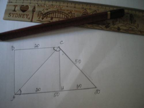 Бильша бична сторона прямокутнои трапеции =50 см, а менша основа - 20 см. диагональ трапеции дилить