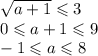 \sqrt{a+1}\leqslant 3\\&#10;0\leqslant a+1\leqslant 9\\&#10;-1\leqslant a\leqslant 8