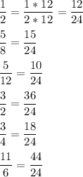 \dfrac{1}{2} =\dfrac{1*12}{2*12} =\dfrac{12}{24} \\ \\ \dfrac{5}{8} =\dfrac{15}{24} \\ \\ \dfrac{5}{12} = \dfrac{10}{24} \\ \\ \dfrac{3}{2} = \dfrac{36}{24} \\ \\ \dfrac{3}{4}=\dfrac{18}{24}\\ \\ \dfrac{11}{6}=\dfrac{44}{24}